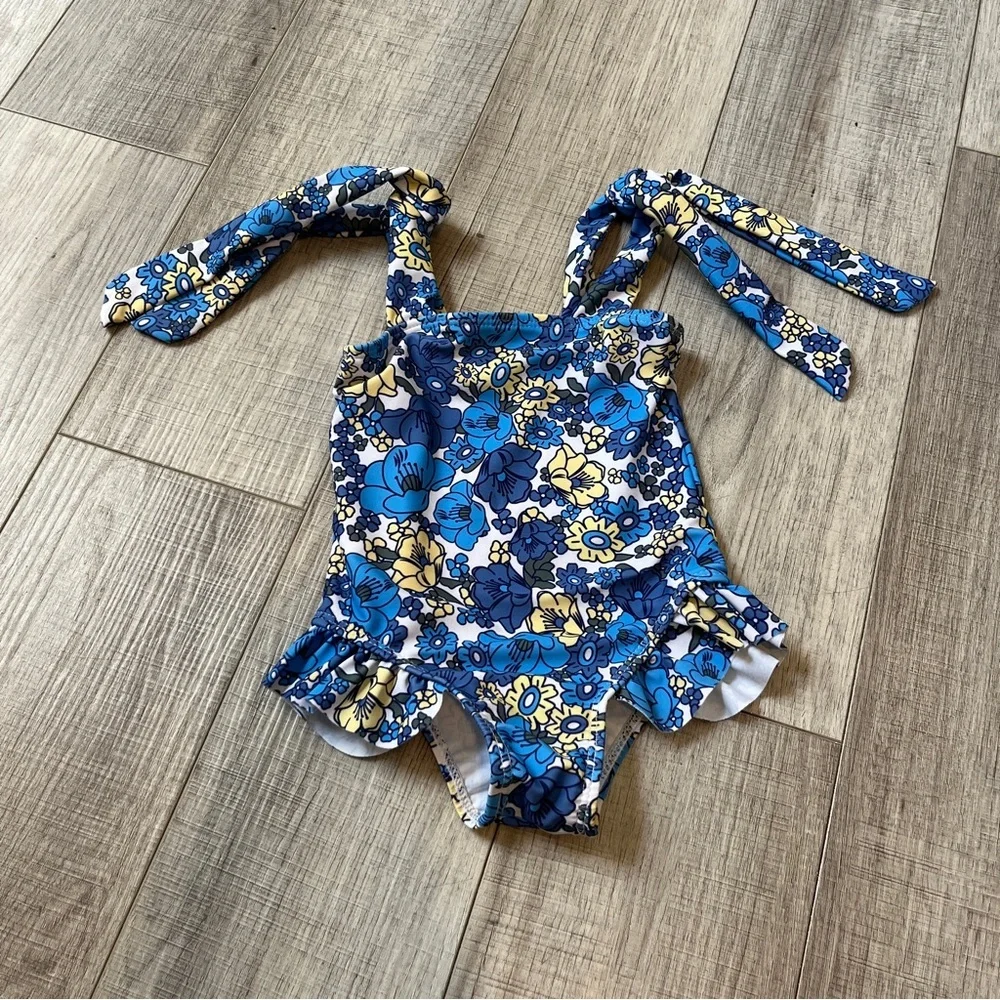 Floral Blue and Yellow Kids One-Piece Swimsuit Blue Floral Tie Strap Skirt 9-12M